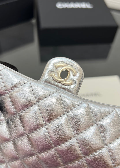 CHANEL 25S FLAP CHARM BAG 13 IN SILVER METALLIC LAMBSKIN