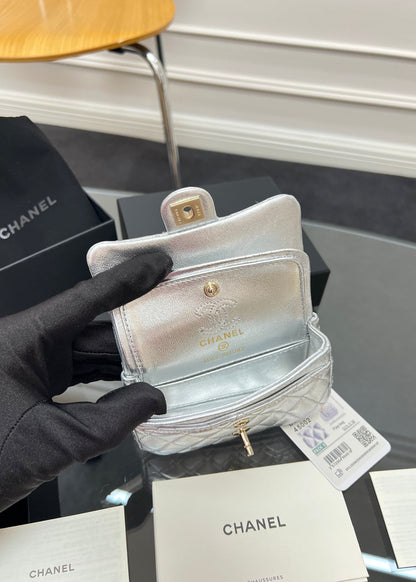 CHANEL 25S FLAP CHARM BAG 13 IN SILVER METALLIC LAMBSKIN