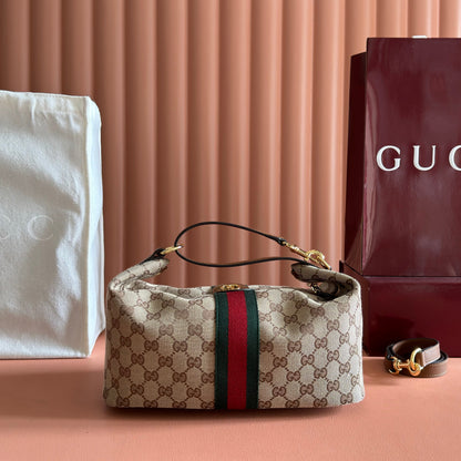 GUCCI 26S GIGLIO TOP HANDLE BAG 27 IN WARM BEIGE AND BROWN CANVAS
