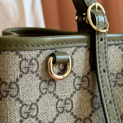 GUCCI 26S TOTE BAG 30 IN DARK BEIGE AND MOSS GREEN CANVAS