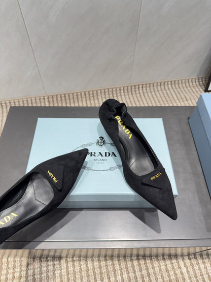 PRADA 26S PUMPS 55MM IN BLACK SUEDE WITH LOGO