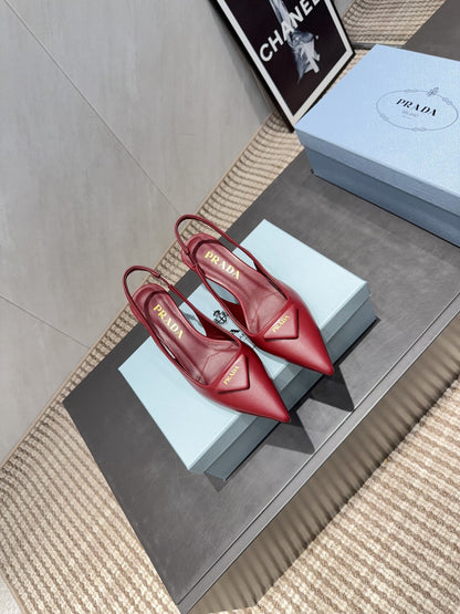 PRADA 26S POINTED TOE SLINGBACK HIGH HEELS 55MM IN DEEP WINE RED SHEEPSKIN WITH LOGO