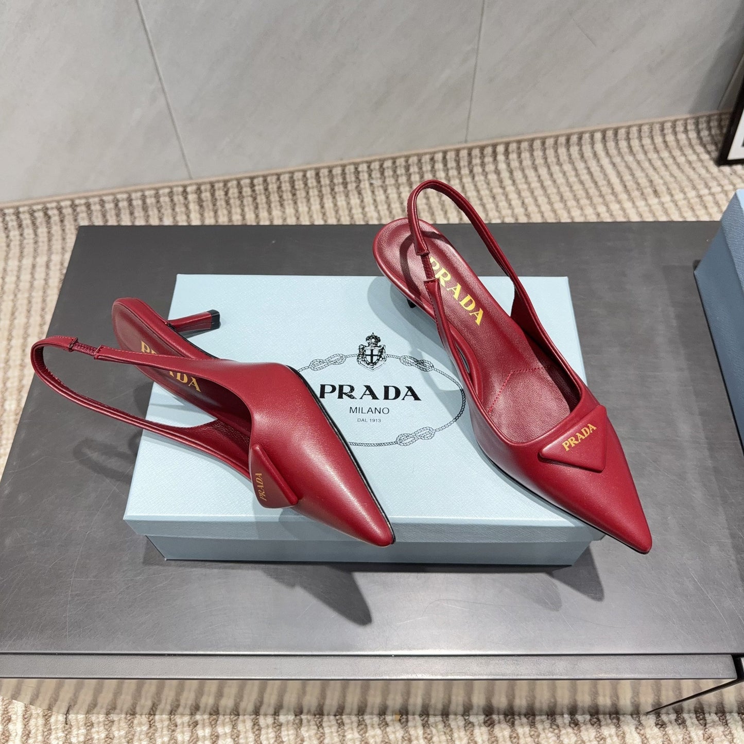 PRADA 26S POINTED TOE SLINGBACK HIGH HEELS 55MM IN DEEP WINE RED SHEEPSKIN WITH LOGO