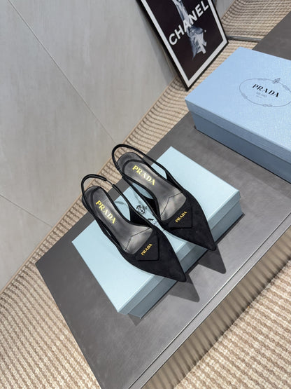 PRADA 26S POINTED TOE SLINGBACK HIGH HEELS 55MM IN BLACK SUEDE WITH LOGO