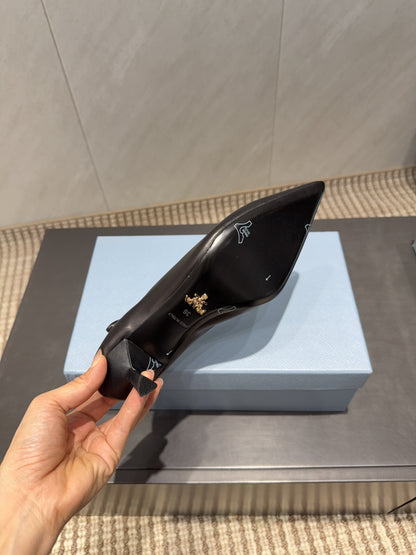 PRADA 26S POINTED TOE PUMPS 55MM IN BLACK SHEEPSKIN