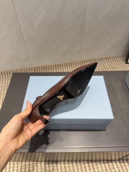 PRADA 26S POINTED TOE PUMPS 55MM IN CHOCOLATE BROWN SHEEPSKIN