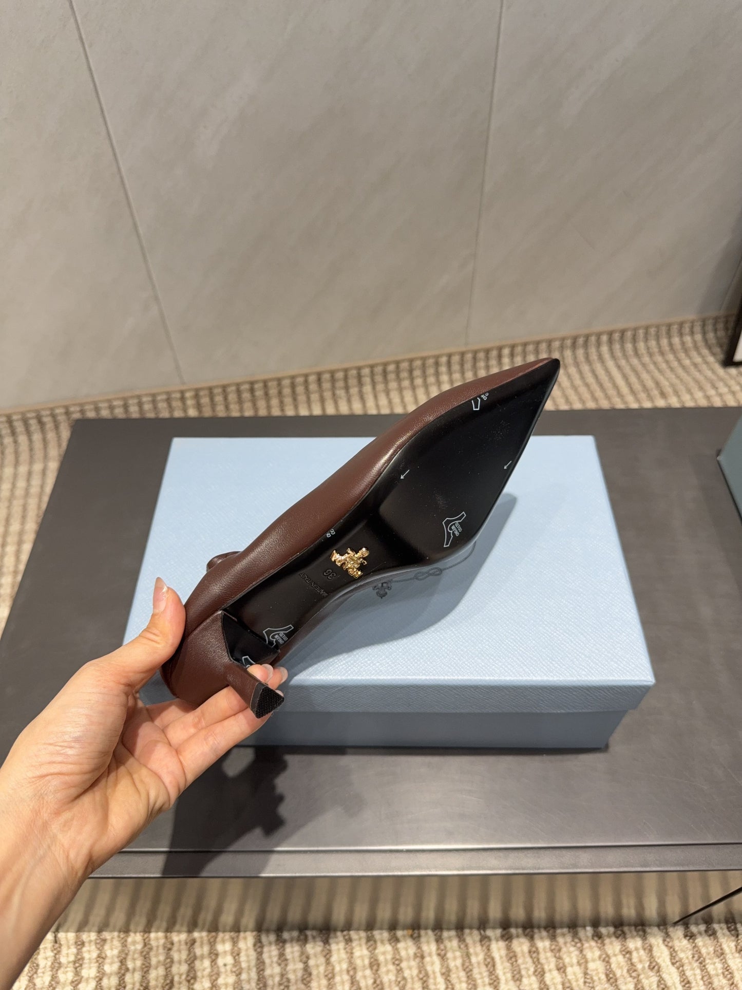 PRADA 26S POINTED TOE PUMPS 55MM IN DARK BROWN SHEEPSKIN WITH LOGO
