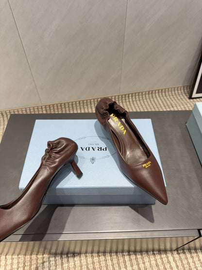 PRADA 26S POINTED TOE PUMPS 55MM IN DARK BROWN SHEEPSKIN WITH LOGO