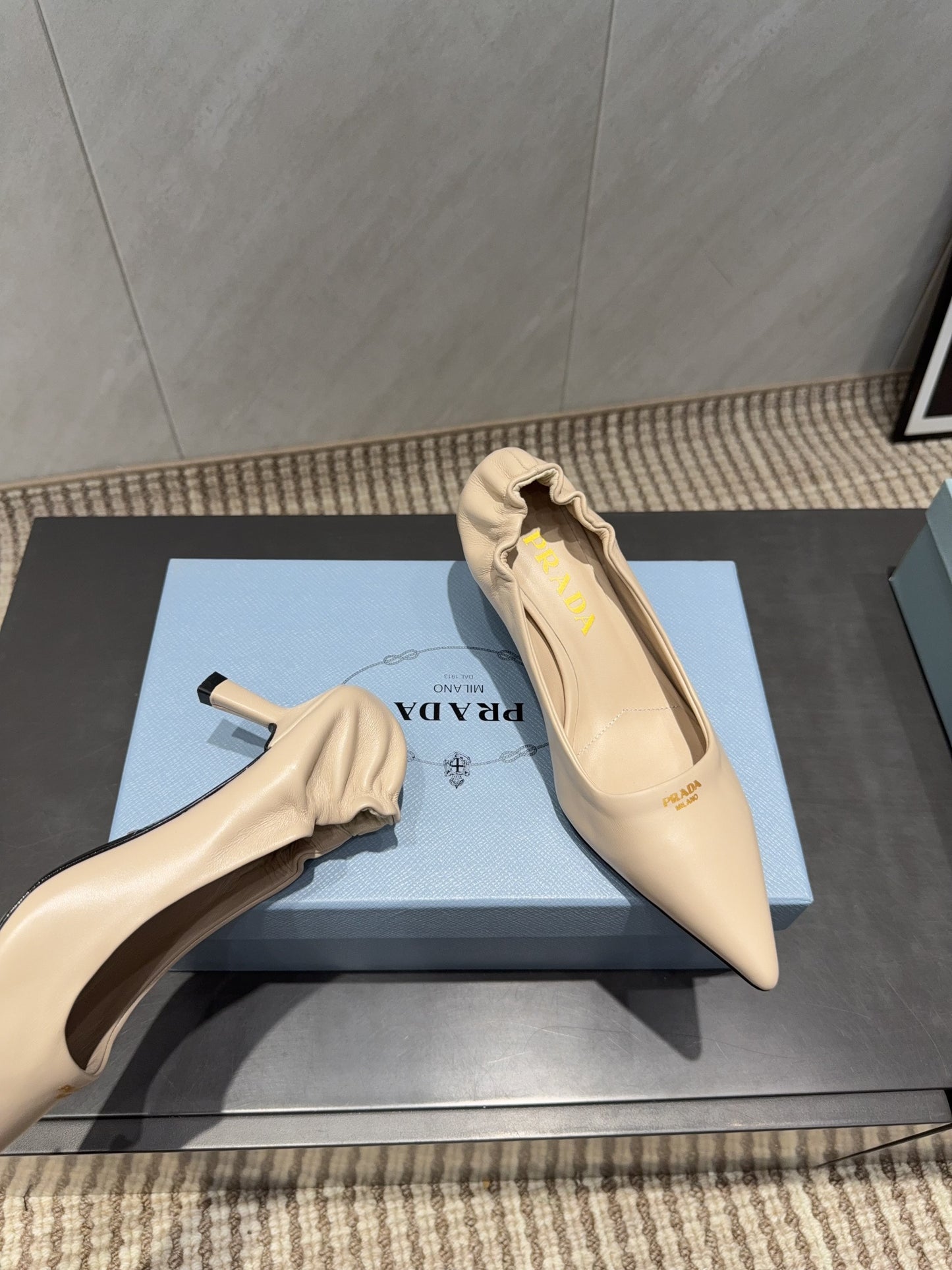 PRADA 26S POINTED TOE PUMPS 55MM IN NUDE SHEEPSKIN