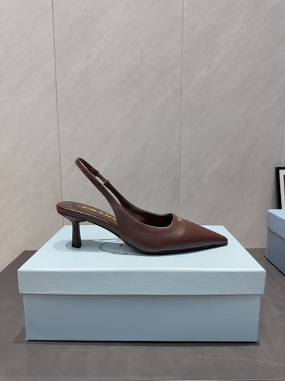 PRADA 26S POINTED TOE SLINGBACK HIGH HEELS 55MM IN DARK BROWN SHEEPSKIN