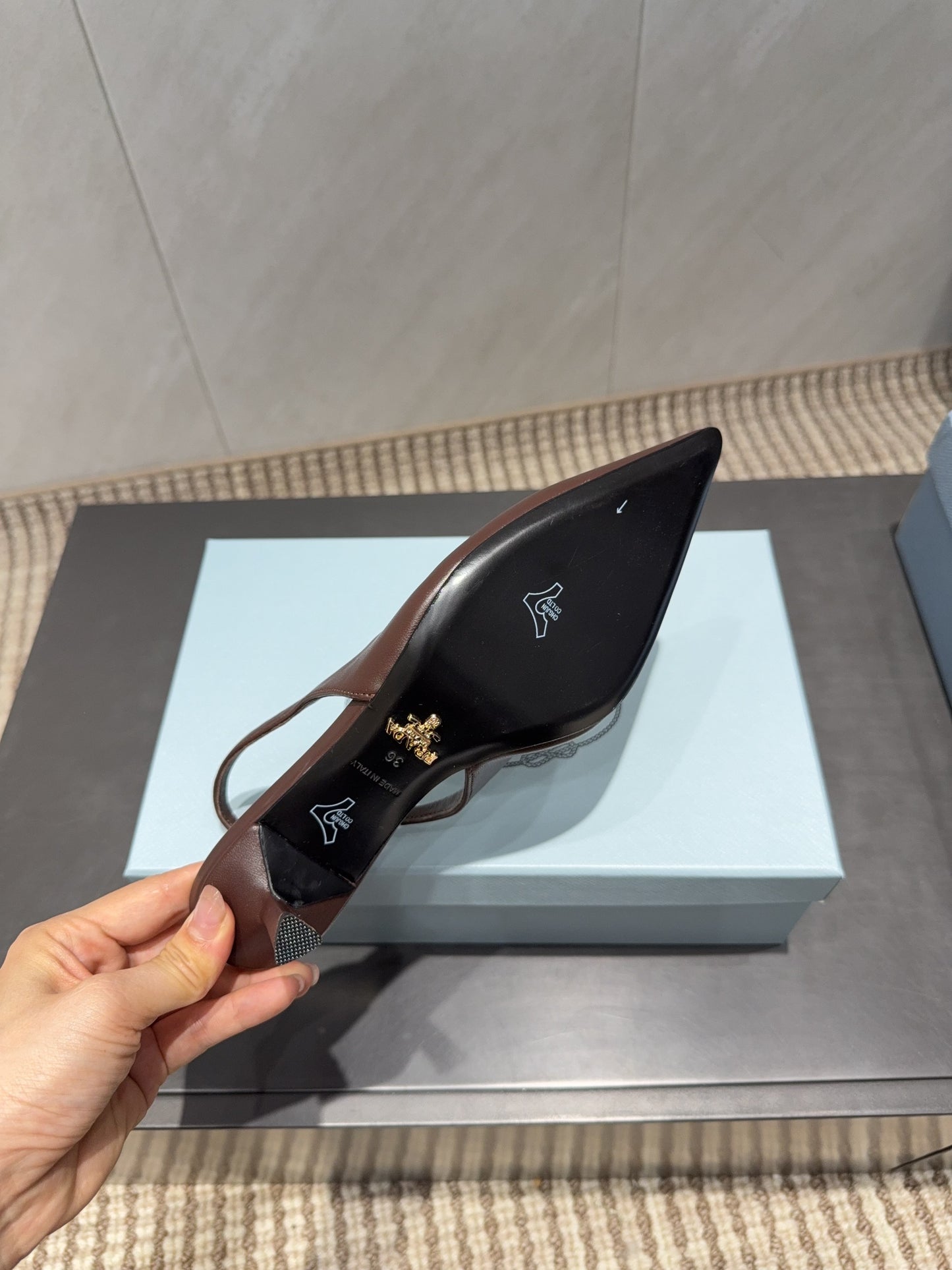 PRADA 26S POINTED TOE SLINGBACK HIGH HEELS 55MM IN DARK BROWN SHEEPSKIN