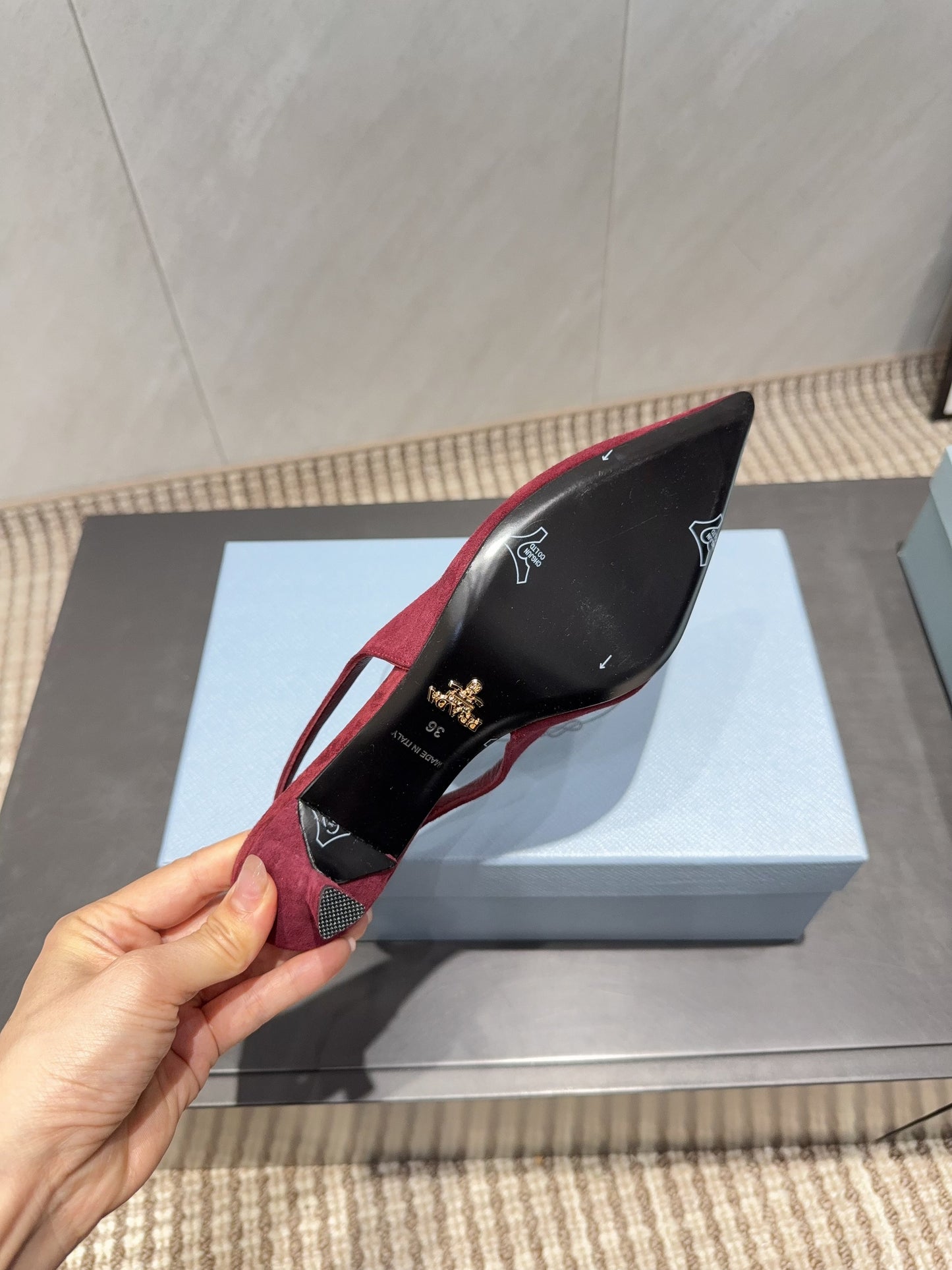 PRADA 26S POINTED TOE SLINGBACK HIGH HEELS 55MM IN DARK RED SUEDE