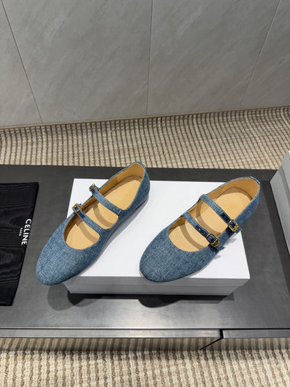 CELINE 26S BALLET FLATS IN BLUE DENIM