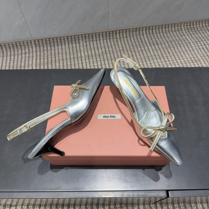 MIUMIU 26S SLINGBACK 55MM IN SILVER CALFSKIN WITH BOW