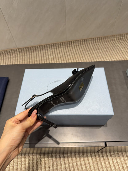 PRADA 26S POINTED TOE SLINGBACK HIGH HEELS 85MM IN BLACK CALFSKIN WITH BOW