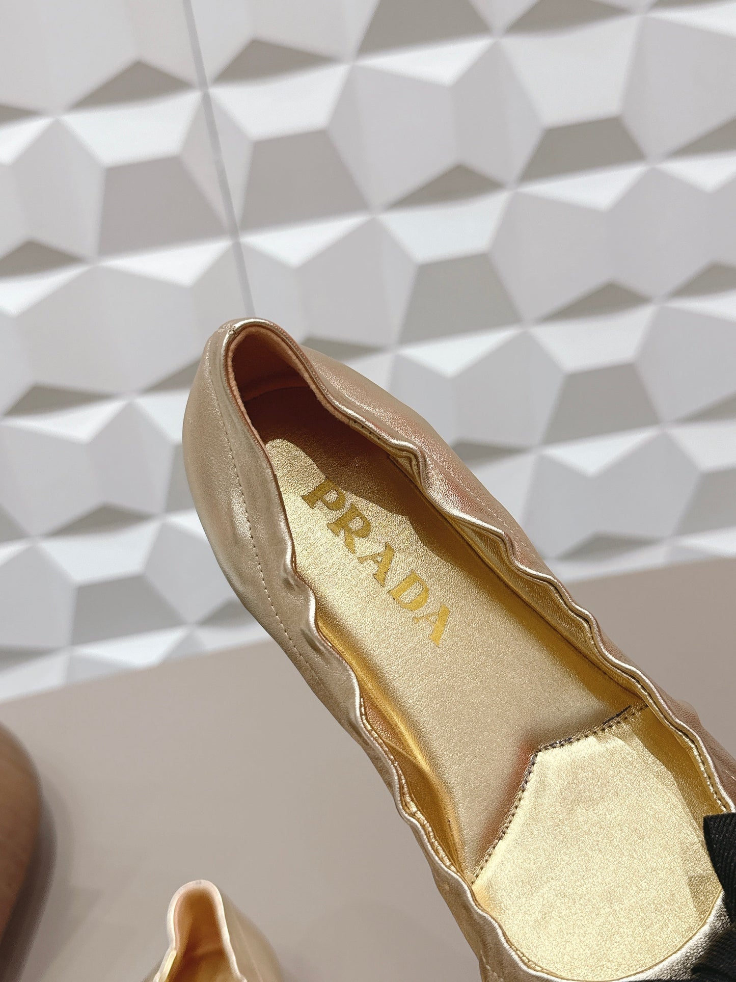 PRADA 26S ROUND TOE FLATS WITH BOW IN GOLD CALFSKIN