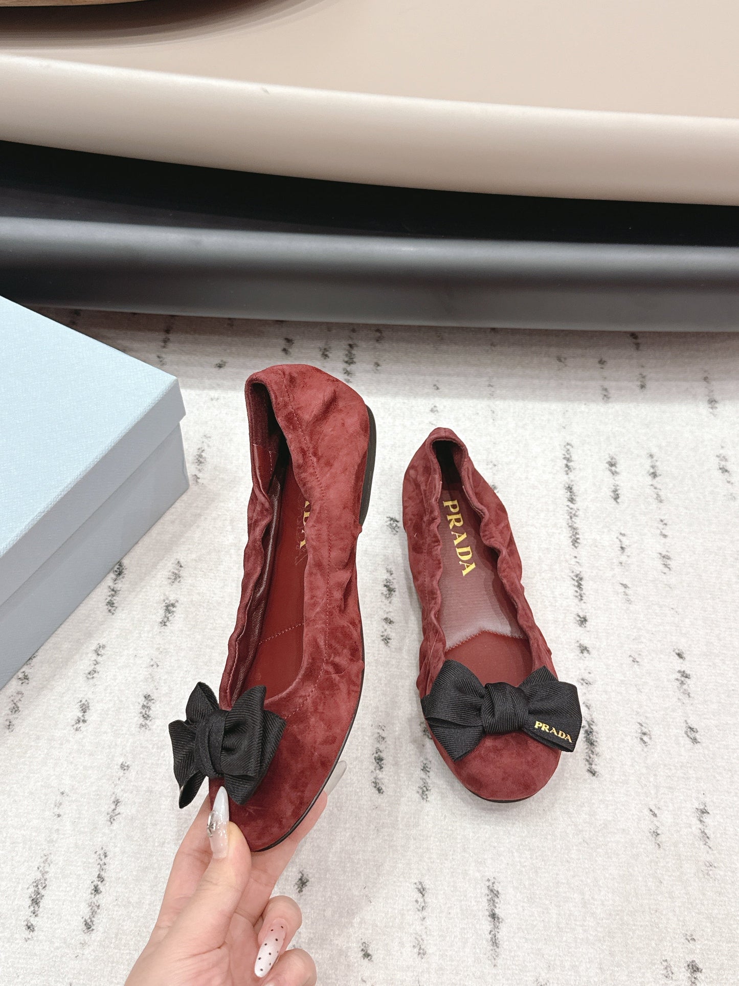 PRADA 26S ROUND TOE FLATS WITH BOW IN DARK RED SUEDE