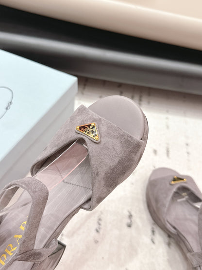 PRADA 26S HEELED SANDALS 75MM IN TAUPE BROWN SUEDE WITH LOGO