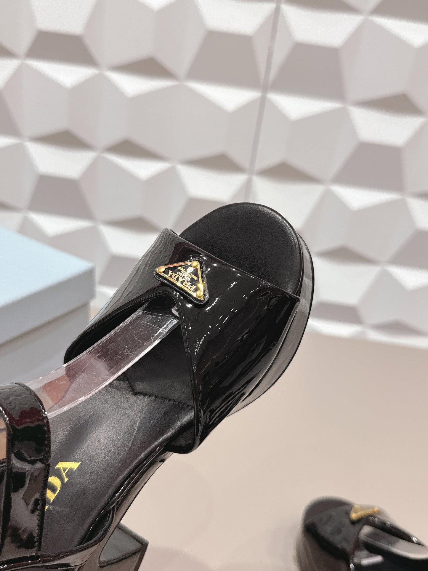 PRADA 26S HEELED SANDALS 75MM IN BLACK PATENT CALFSKIN WITH LOGO