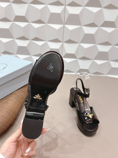 PRADA 26S HEELED SANDALS 75MM IN BLACK PATENT CALFSKIN WITH LOGO