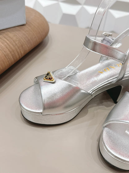 PRADA 26S HEELED SANDALS 75MM IN SILVER CALFSKIN WITH LOGO
