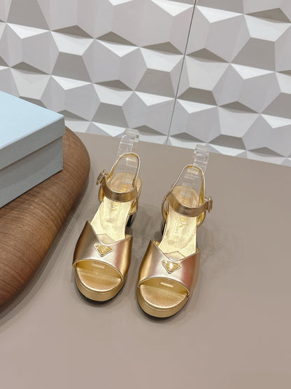 PRADA 26S HEELED SANDALS 75MM IN GOLD CALFSKIN WITH LOGO