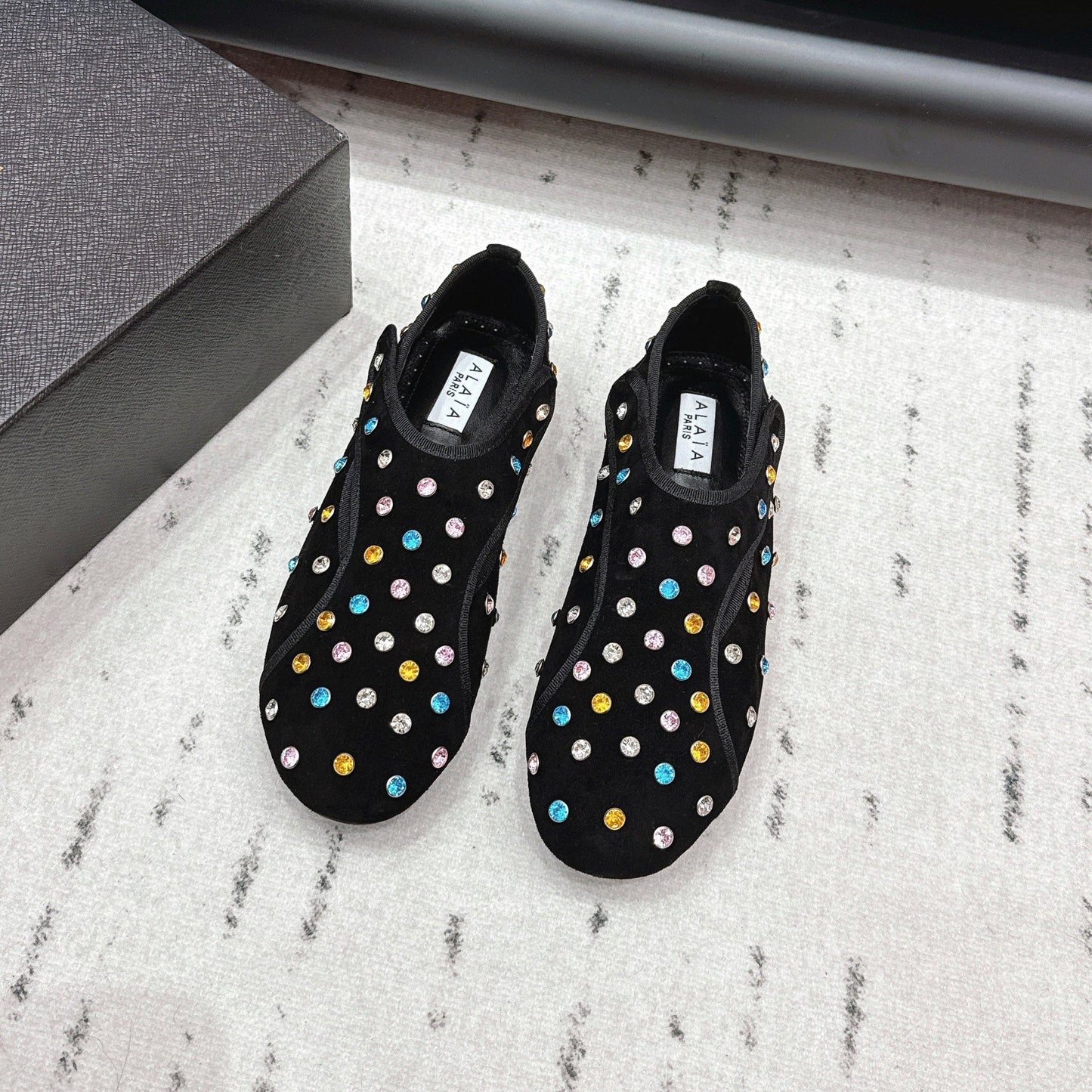 ALAIA 26S EMBELLISHED FLATS IN BLACK SUEDE