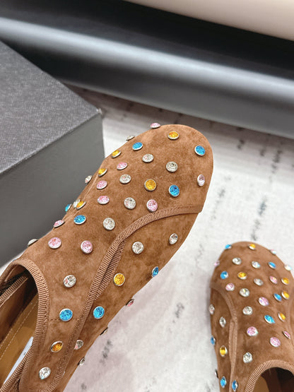 ALAIA 26S EMBELLISHED FLATS IN LIGHT BROWN SUEDE