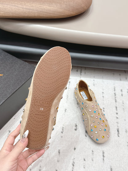 ALAIA 26S EMBELLISHED FLATS IN BEIGE SUEDE