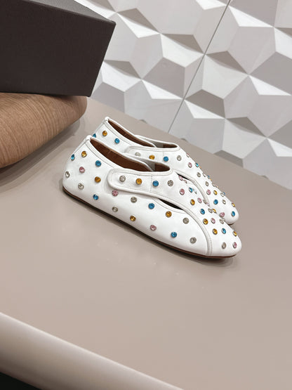 ALAIA 26S EMBELLISHED FLATS IN WHITE LAMBSKIN