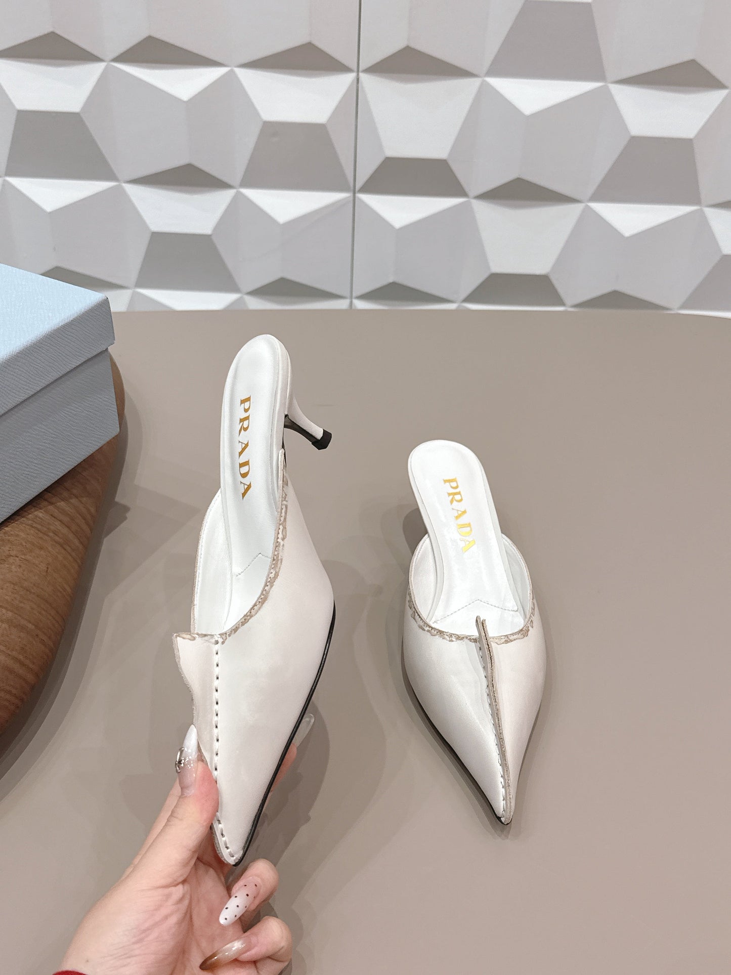 PRADA 26S POINTED TOE LACE TRIM MULES 55MM IN CREAM WHITE CALFSKIN