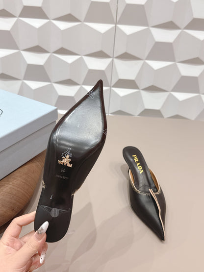 PRADA 26S POINTED TOE LACE TRIM MULES 55MM IN BLACK CALFSKIN