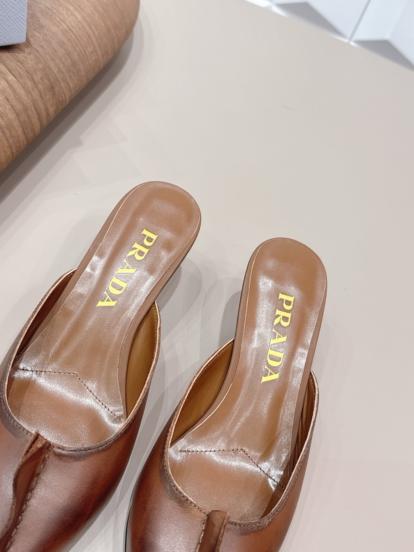 PRADA 26S POINTED TOE LACE TRIM MULES 55MM IN CARAMEL BROWN CALFSKIN
