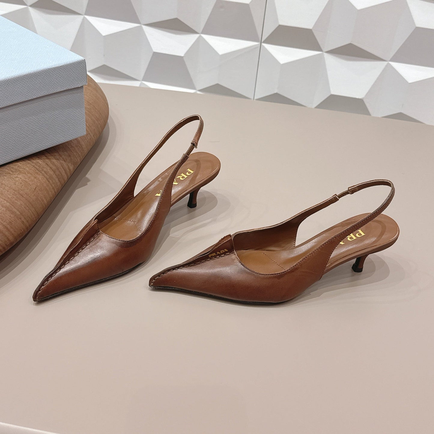 PRADA 26S POINTED TOE SLINGBACK HIGH HEELS 55MM IN BROWN CALFSKIN