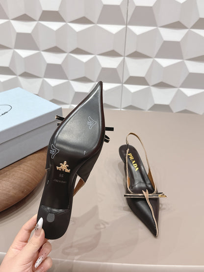 PRADA 26S POINTED TOE SLINGBACK HIGH HEELS 55MM IN BLACK CALFSKIN WITH BOW