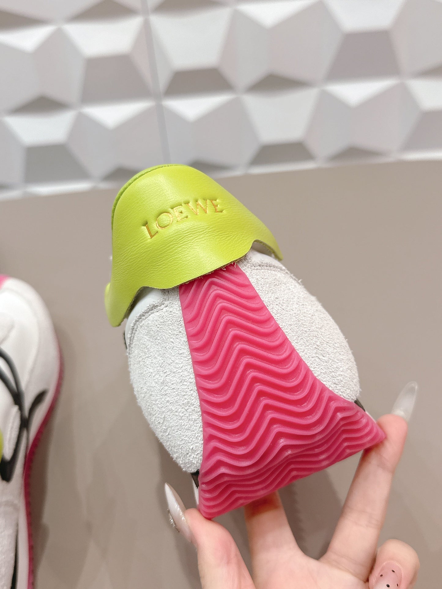 LOEWE 26S FLOW RUNNER SNEAKER IN LIGHT GRAY SUEDE AND LIME YELLOW AND BLACK CALFSKIN