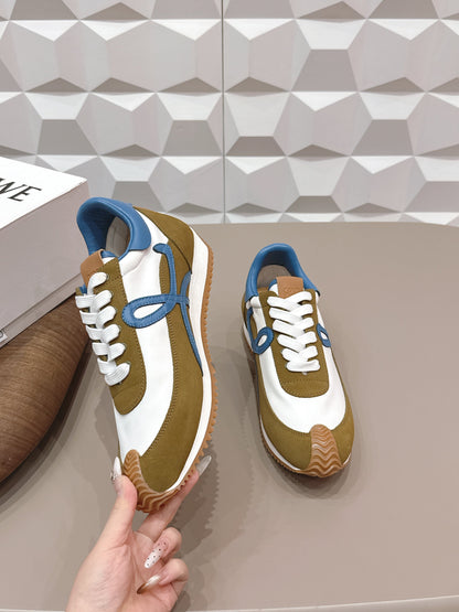 LOEWE 26S FLOW RUNNER SNEAKER IN OLIVE BROWN AND WHITE SUEDE AND BLUE CALFSKIN