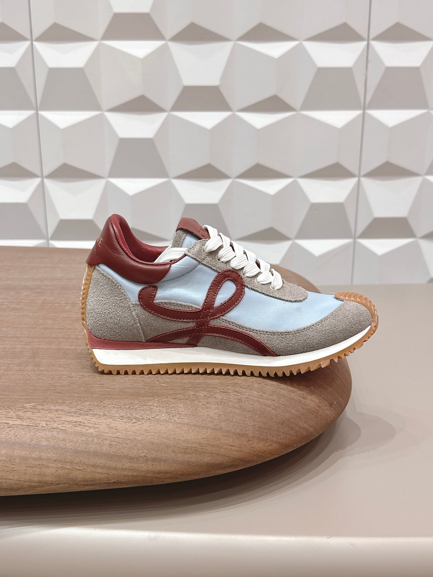 LOEWE 26S FLOW RUNNER SNEAKER IN GRAY AND BLUE SUEDE AND DARK RED CALFSKIN