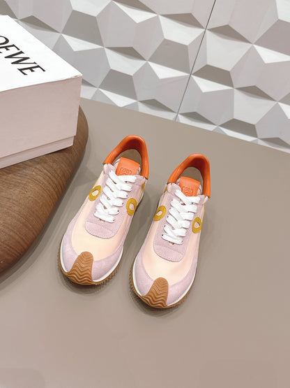 LOEWE 26S FLOW RUNNER SNEAKER IN LIGHT PINK SUEDE AND ORANGE CALFSKIN