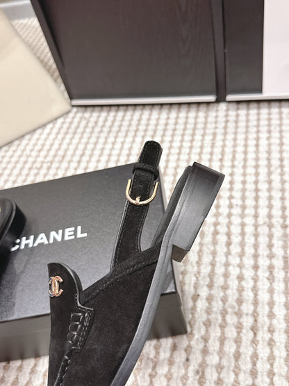 CHANEL 26S SLINGBACK LOAFERS IN BLACK SUEDE