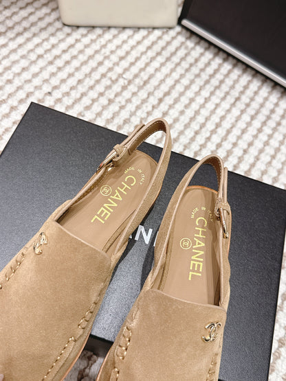 CHANEL 26S SLINGBACK LOAFERS IN LIGHT BROWN SUEDE