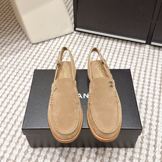 CHANEL 26S SLINGBACK LOAFERS IN LIGHT BROWN SUEDE
