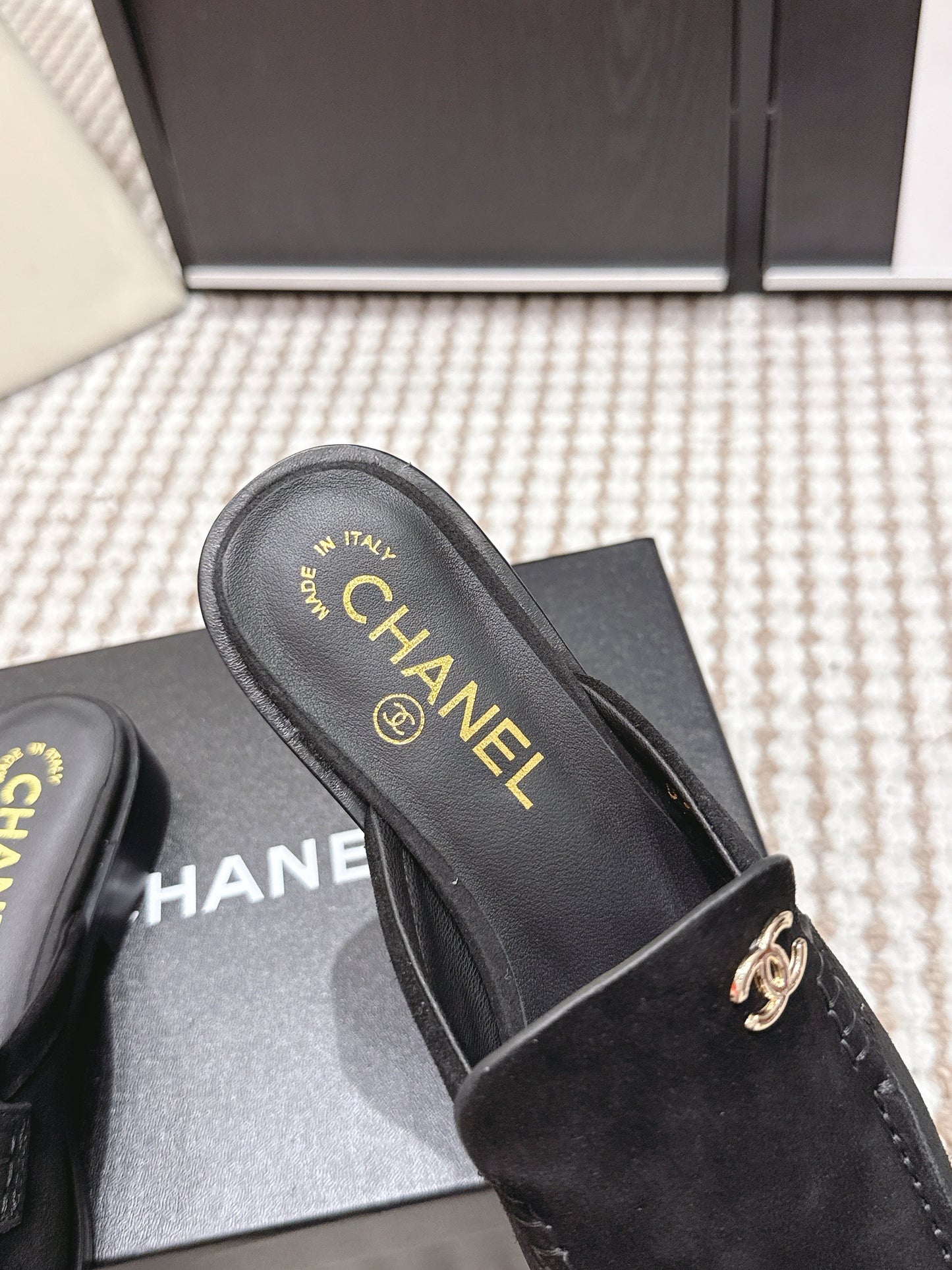 CHANEL 26S LOAFER MULES IN BLACK SUEDE