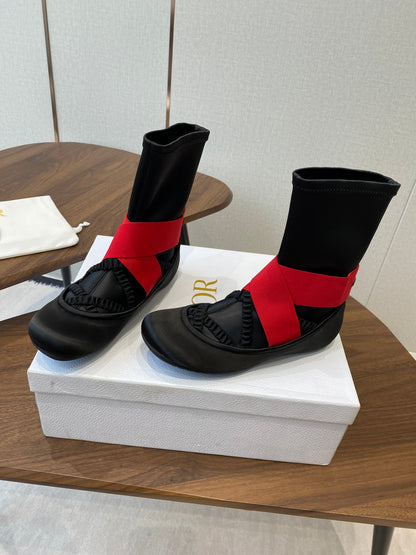 DIOR 25S STRETCH BALLET BOOTS IN BLACK AND RED SATIN