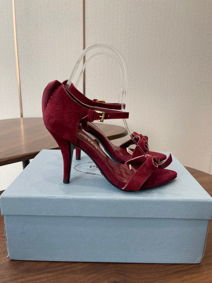 PRADA 26S HIGH HEEL SANDALS 85MM IN BURGUNDY RED SUEDE WITH BOW