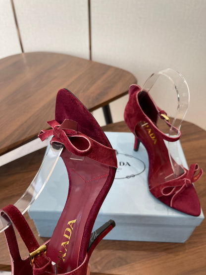PRADA 26S HIGH HEEL SANDALS 85MM IN BURGUNDY RED SUEDE WITH BOW