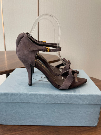 PRADA 26S HIGH HEEL SANDALS 85MM IN DARK BROWN SUEDE WITH BOW