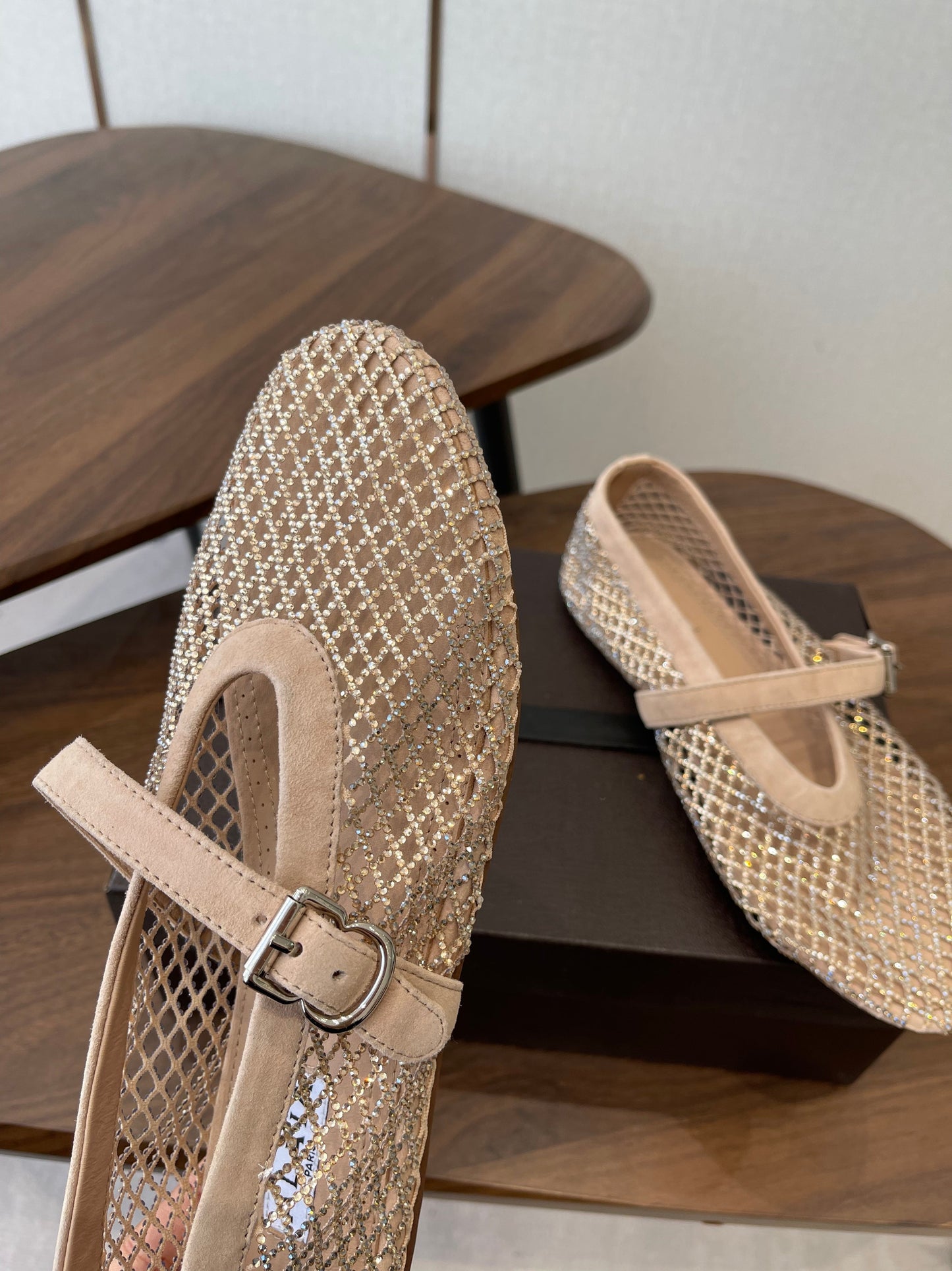 ALAIA 26S MESH FLATS IN BEIGE SUEDE RHINESTONE-EMBELLISHED
