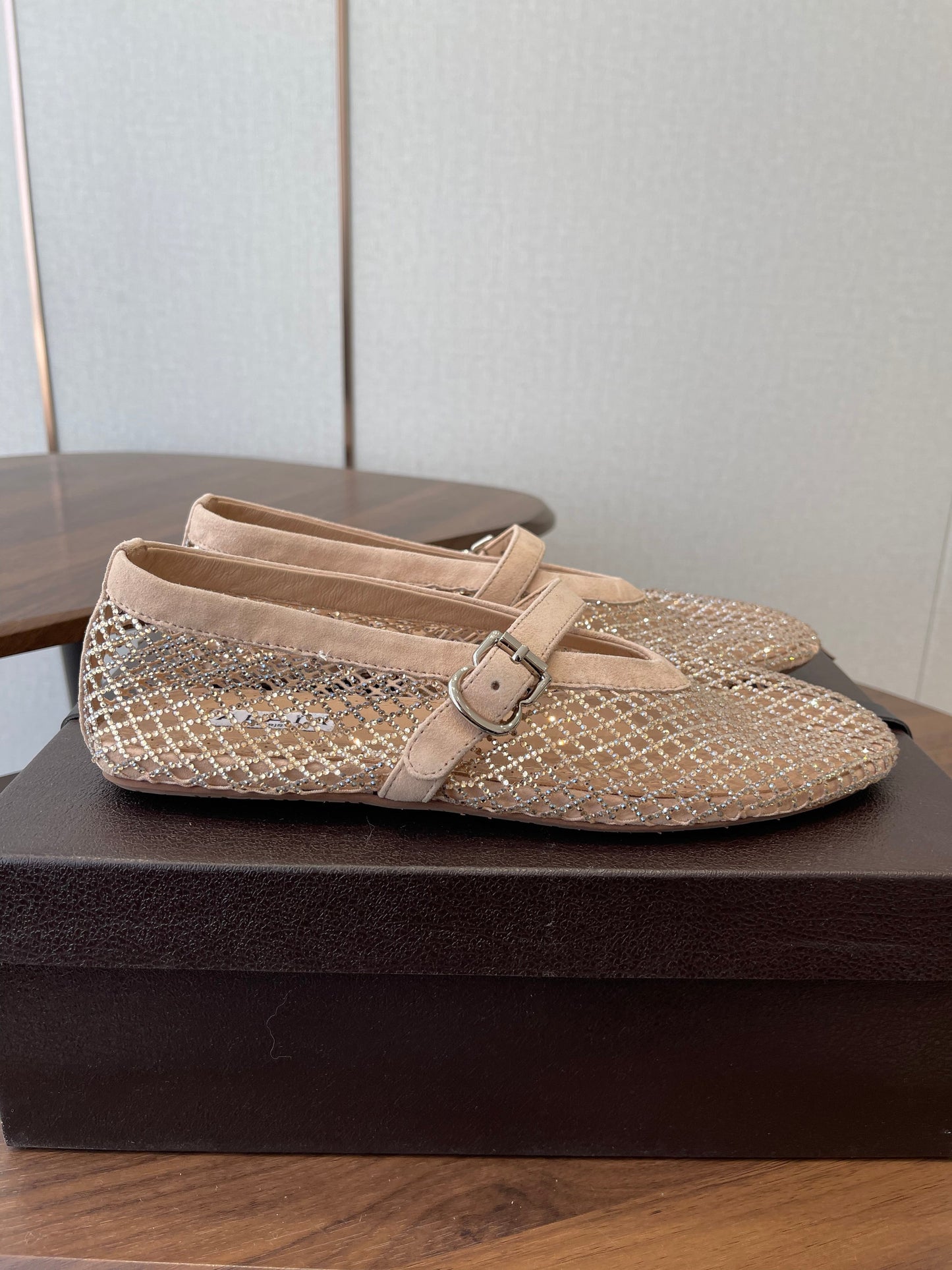 ALAIA 26S MESH FLATS IN BEIGE SUEDE RHINESTONE-EMBELLISHED