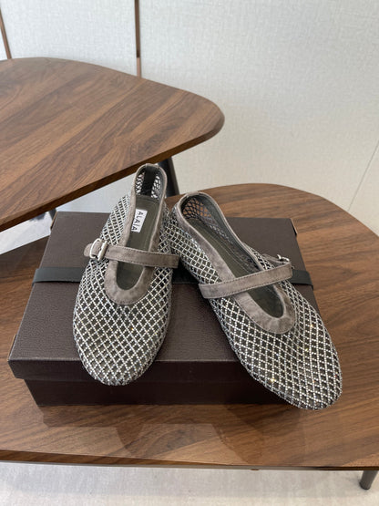 ALAIA 26S MESH FLATS IN BROWN GREY SUEDE RHINESTONE-EMBELLISHED
